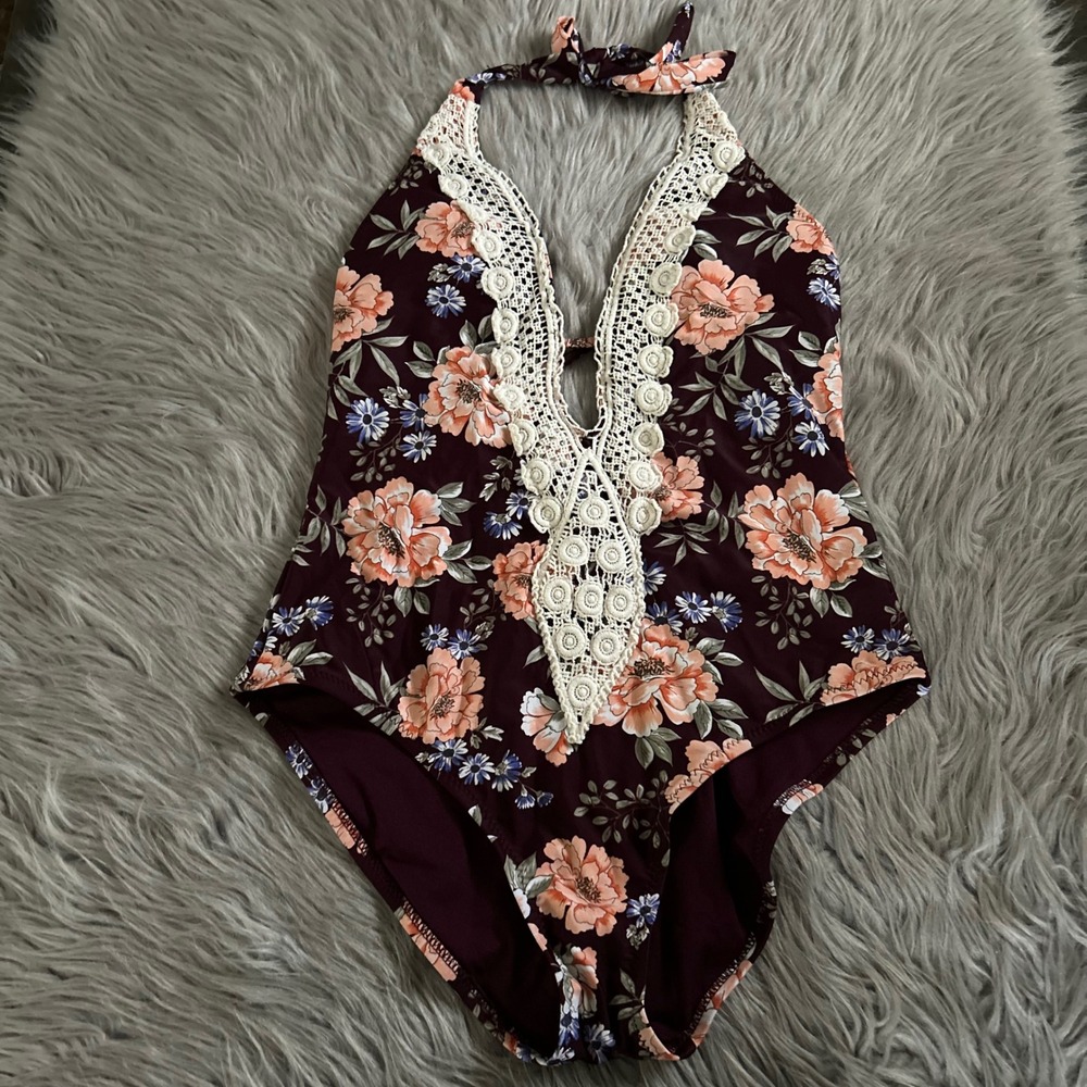 Kona Sol One Piece Swimsuit Womens Size Large Floral Lace Backless Flower Swim